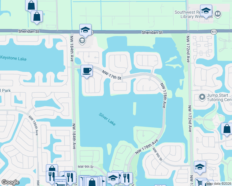 map of restaurants, bars, coffee shops, grocery stores, and more near 18115 Northwest 15th Court in Pembroke Pines