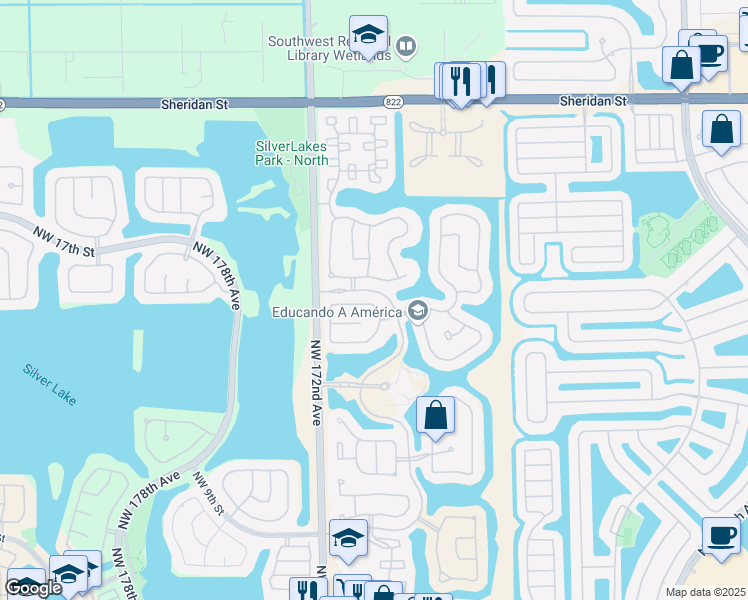 map of restaurants, bars, coffee shops, grocery stores, and more near 17011 Northwest 17th Street in Pembroke Pines