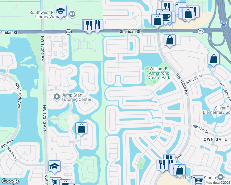 map of restaurants, bars, coffee shops, grocery stores, and more near 16548 Northwest 16th Street in Pembroke Pines