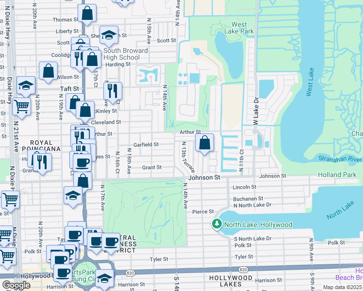 map of restaurants, bars, coffee shops, grocery stores, and more near 1124 North 13th Terrace in Hollywood