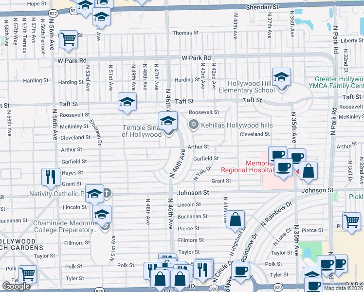 map of restaurants, bars, coffee shops, grocery stores, and more near 1303 North 46th Avenue in Hollywood