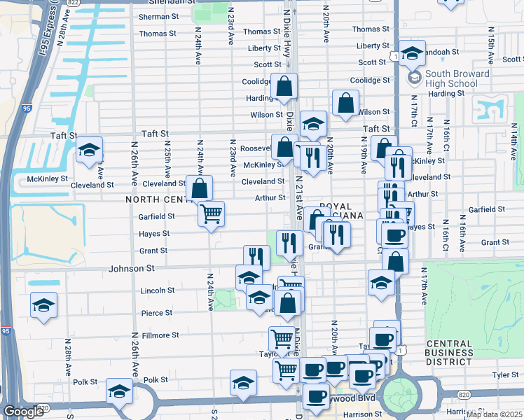 map of restaurants, bars, coffee shops, grocery stores, and more near 1207 North 22nd Avenue in Hollywood
