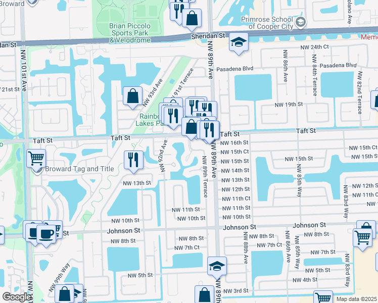 map of restaurants, bars, coffee shops, grocery stores, and more near 1561 Northwest 90th Way in Pembroke Pines