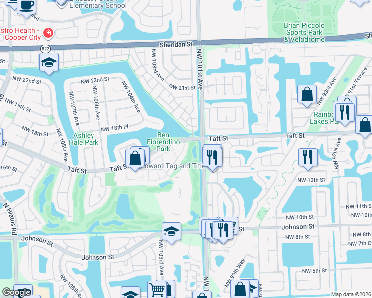 map of restaurants, bars, coffee shops, grocery stores, and more near 1661 Fairway Road in Pembroke Pines