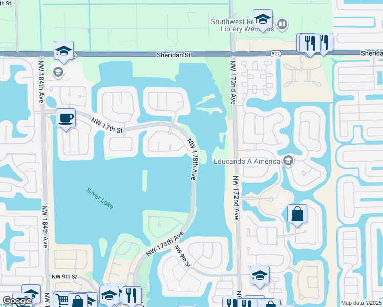 map of restaurants, bars, coffee shops, grocery stores, and more near 1501 Northwest 178th Lane in Pembroke Pines
