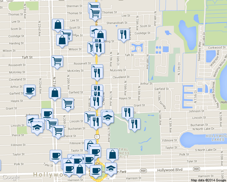 map of restaurants, bars, coffee shops, grocery stores, and more near 1202 North 16th Court in Hollywood