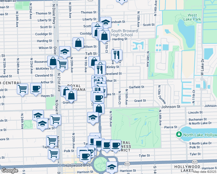 map of restaurants, bars, coffee shops, grocery stores, and more near 1215 North 17th Court in Hollywood