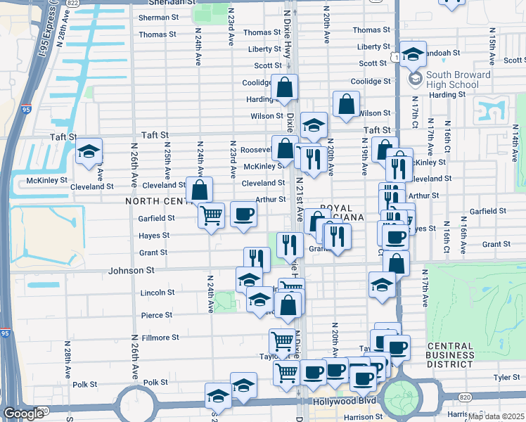 map of restaurants, bars, coffee shops, grocery stores, and more near 1207 North 22nd Avenue in Hollywood
