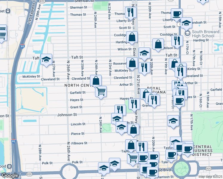 map of restaurants, bars, coffee shops, grocery stores, and more near 2234 Arthur Street in Hollywood