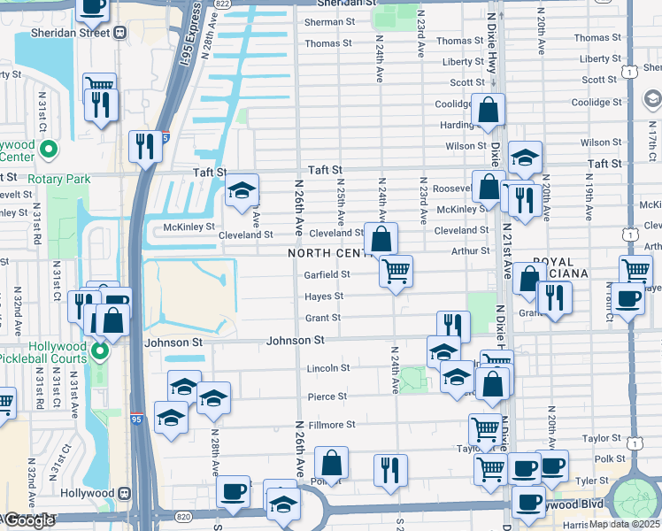 map of restaurants, bars, coffee shops, grocery stores, and more near 2524 Arthur Street in Hollywood