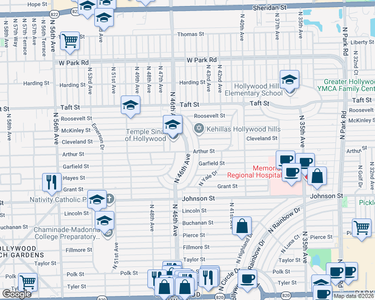 map of restaurants, bars, coffee shops, grocery stores, and more near 1303 North 46th Avenue in Hollywood