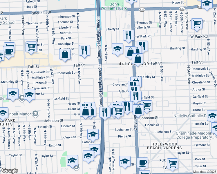 map of restaurants, bars, coffee shops, grocery stores, and more near 6210 Cleveland Street in Hollywood