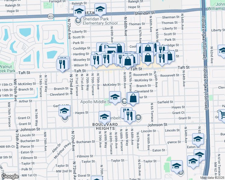 map of restaurants, bars, coffee shops, grocery stores, and more near 1421 North 69th Avenue in Hollywood