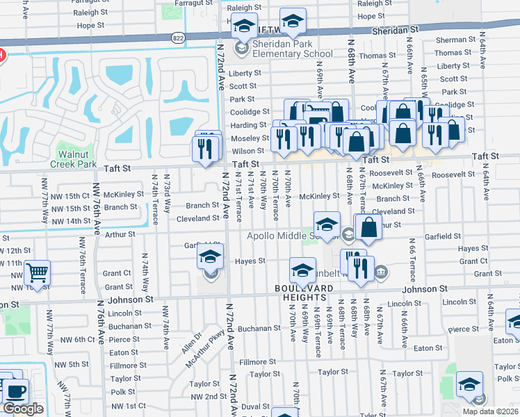 map of restaurants, bars, coffee shops, grocery stores, and more near 1431 North 71st Avenue in Hollywood