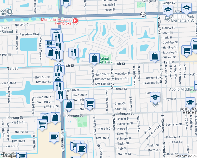 map of restaurants, bars, coffee shops, grocery stores, and more near 7711 Northwest 15th Street in Pembroke Pines