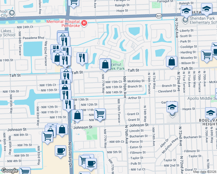map of restaurants, bars, coffee shops, grocery stores, and more near 7711 Northwest 15th Street in Pembroke Pines