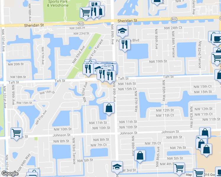 map of restaurants, bars, coffee shops, grocery stores, and more near 8916 Northwest 89th Terrace in Pembroke Pines