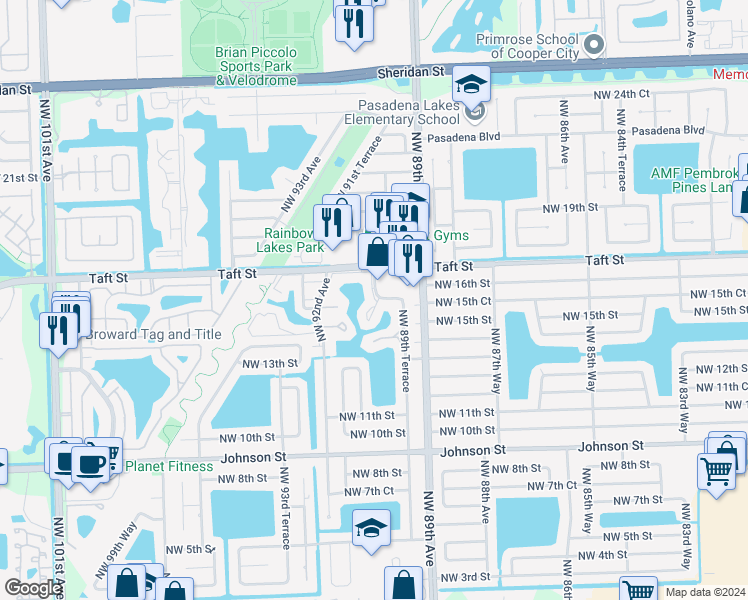 map of restaurants, bars, coffee shops, grocery stores, and more near 1561 Northwest 90th Way in Pembroke Pines