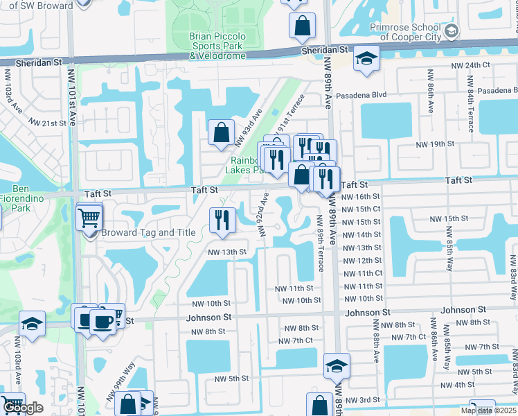 map of restaurants, bars, coffee shops, grocery stores, and more near 1610 Northwest 93rd Avenue in Pembroke Pines