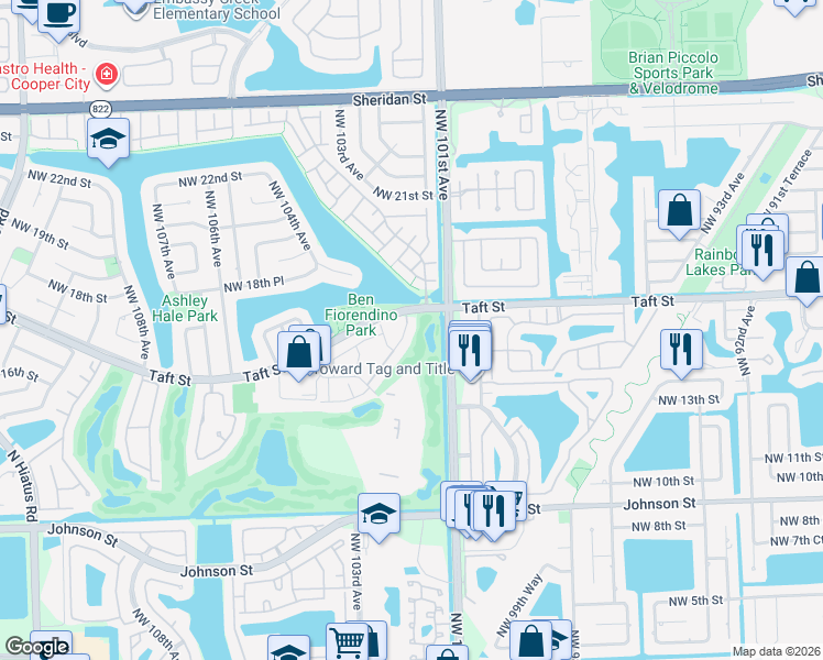 map of restaurants, bars, coffee shops, grocery stores, and more near 1661 Fairway Road in Pembroke Pines