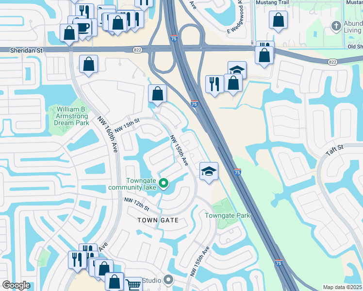 map of restaurants, bars, coffee shops, grocery stores, and more near 1477 Northwest 156th Avenue in Pembroke Pines