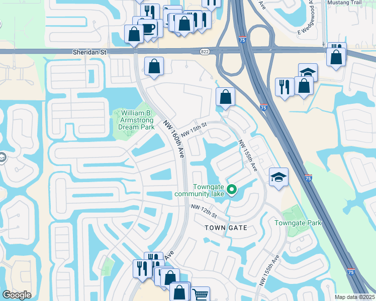 map of restaurants, bars, coffee shops, grocery stores, and more near 1447 Northwest 159th Lane in Pembroke Pines