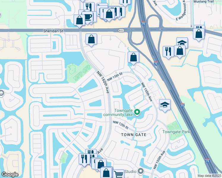 map of restaurants, bars, coffee shops, grocery stores, and more near 1436 Northwest 159th Lane in Pembroke Pines
