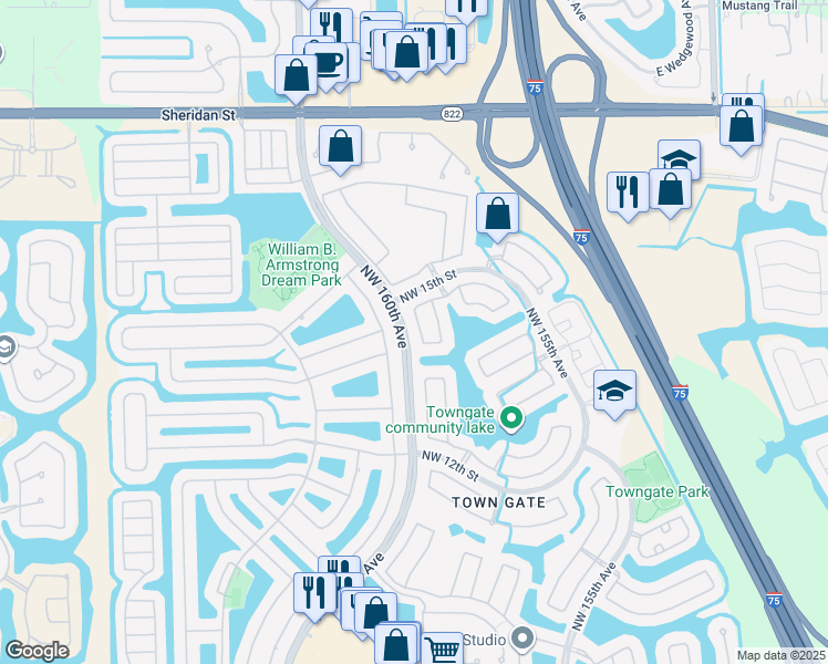 map of restaurants, bars, coffee shops, grocery stores, and more near 1447 Northwest 159th Lane in Pembroke Pines