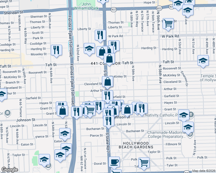 map of restaurants, bars, coffee shops, grocery stores, and more near 1319 U.S. 441 in Hollywood