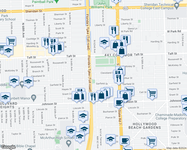 map of restaurants, bars, coffee shops, grocery stores, and more near 6210 Cleveland Street in Hollywood