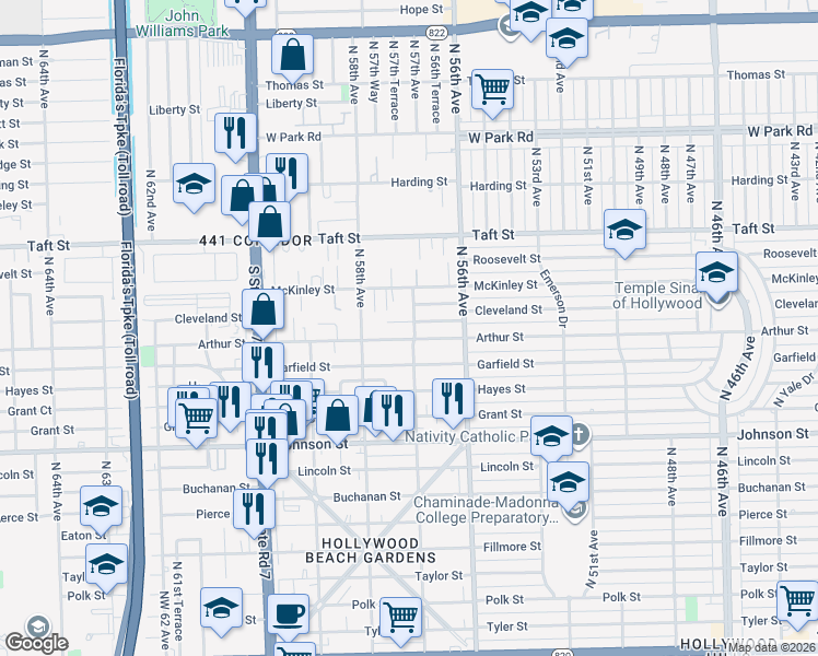 map of restaurants, bars, coffee shops, grocery stores, and more near 5700 Cleveland Street in Hollywood