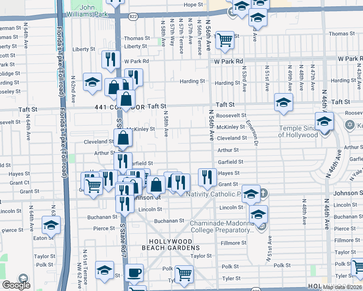 map of restaurants, bars, coffee shops, grocery stores, and more near 5700 Cleveland Street in Hollywood