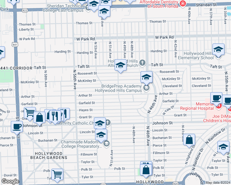 map of restaurants, bars, coffee shops, grocery stores, and more near 5009 Arthur Street in Hollywood
