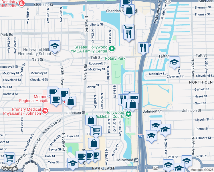 map of restaurants, bars, coffee shops, grocery stores, and more near 1040 North 31st Road in Hollywood
