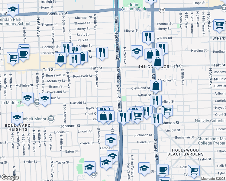map of restaurants, bars, coffee shops, grocery stores, and more near 1321 North 63rd Avenue in Hollywood