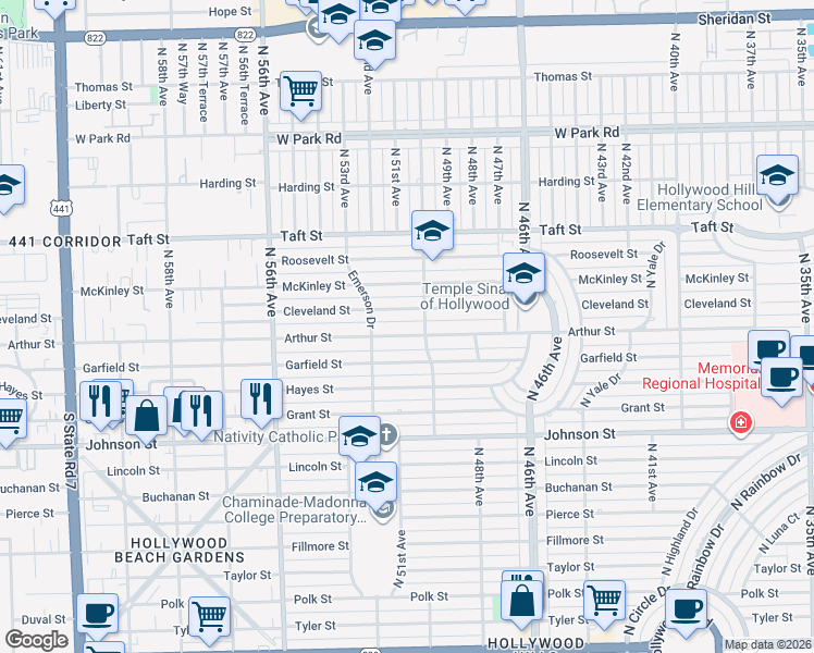 map of restaurants, bars, coffee shops, grocery stores, and more near 5009 Arthur Street in Hollywood
