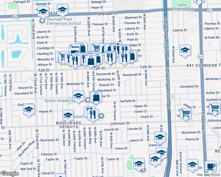 map of restaurants, bars, coffee shops, grocery stores, and more near 6651 Cleveland Street in Hollywood
