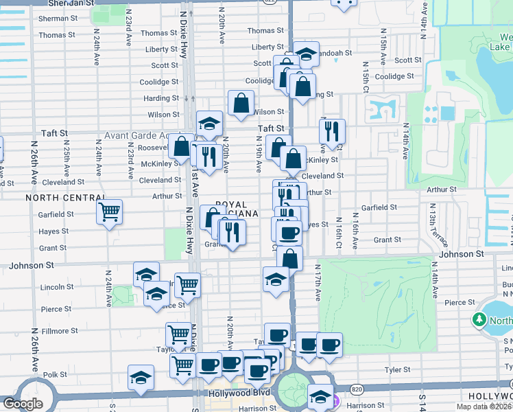 map of restaurants, bars, coffee shops, grocery stores, and more near 1200 North 19th Avenue in Hollywood