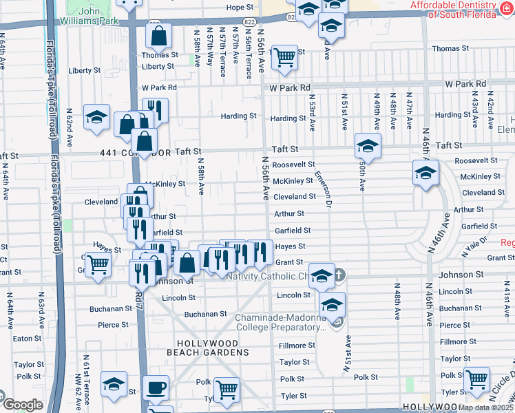 map of restaurants, bars, coffee shops, grocery stores, and more near 5610 Cleveland Street in Hollywood