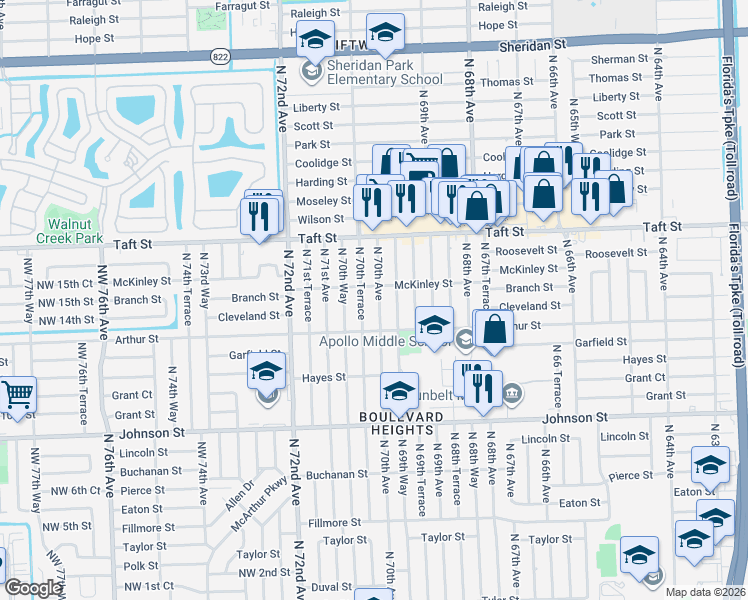 map of restaurants, bars, coffee shops, grocery stores, and more near 1431 North 70th Terrace in Hollywood