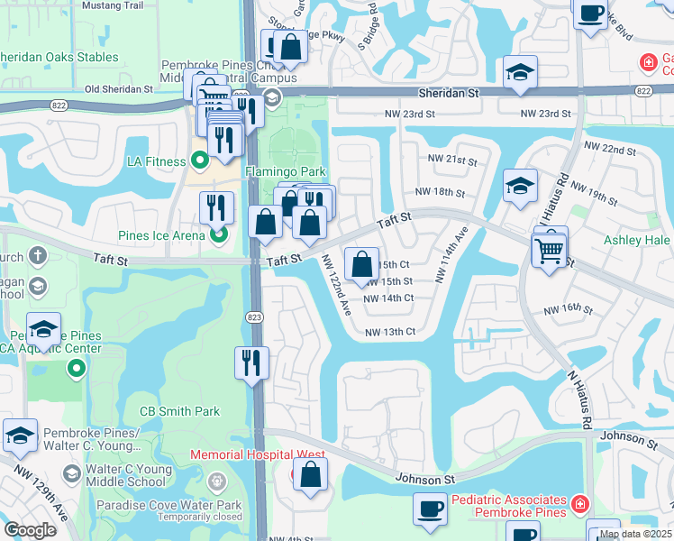 map of restaurants, bars, coffee shops, grocery stores, and more near 1521 Northwest 122nd Avenue in Pembroke Pines