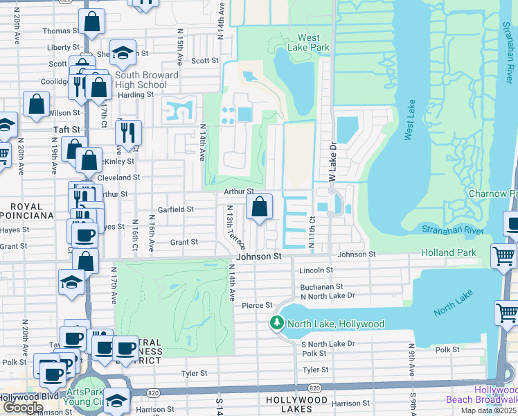 map of restaurants, bars, coffee shops, grocery stores, and more near 1125 Garfield Street in Hollywood