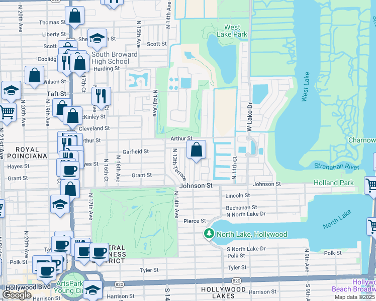 map of restaurants, bars, coffee shops, grocery stores, and more near 1125 North 13th Court in Hollywood