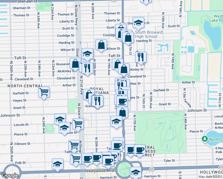 map of restaurants, bars, coffee shops, grocery stores, and more near 1845 Garfield Street in Hollywood