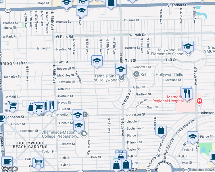 map of restaurants, bars, coffee shops, grocery stores, and more near 4711 Arthur Street in Hollywood