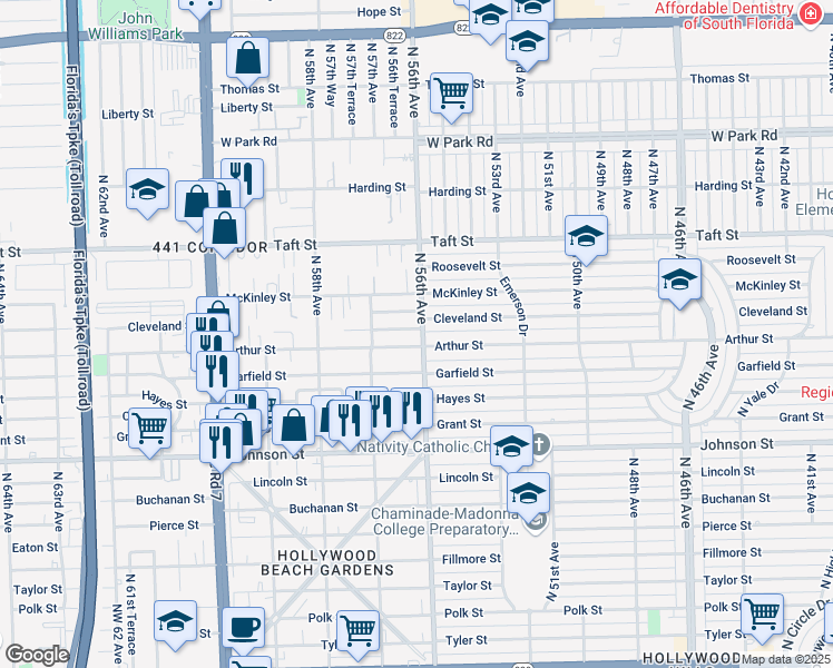 map of restaurants, bars, coffee shops, grocery stores, and more near 5610 Cleveland Street in Hollywood