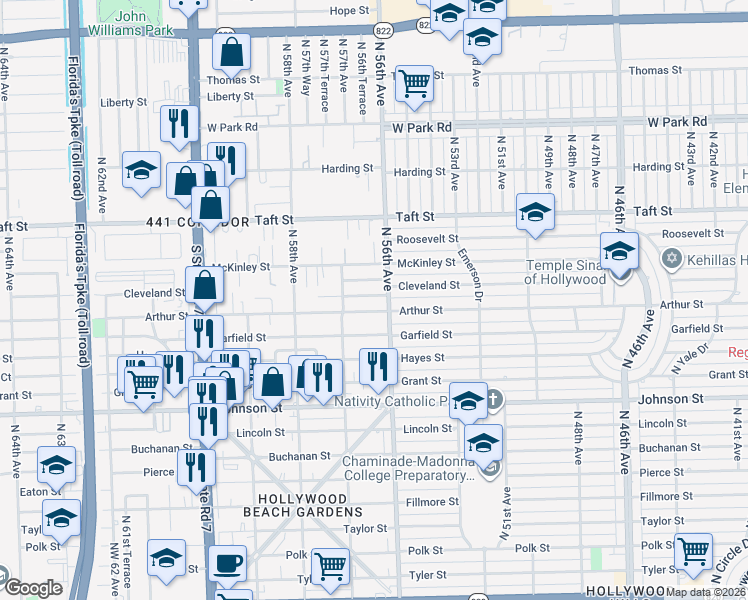 map of restaurants, bars, coffee shops, grocery stores, and more near 5610 Cleveland Street in Hollywood