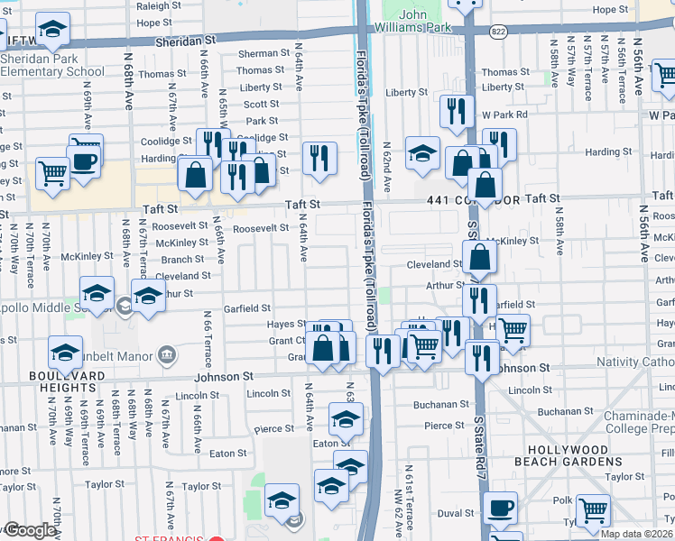 map of restaurants, bars, coffee shops, grocery stores, and more near 1321 North 63rd Avenue in Hollywood