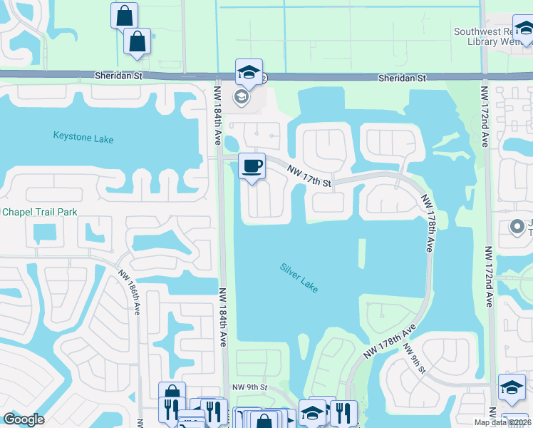 map of restaurants, bars, coffee shops, grocery stores, and more near 1524 Northwest 183rd Avenue in Pembroke Pines