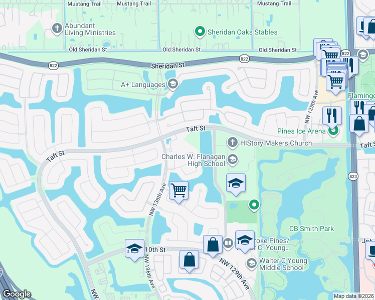 map of restaurants, bars, coffee shops, grocery stores, and more near 13239 Northwest 16th Street in Pembroke Pines